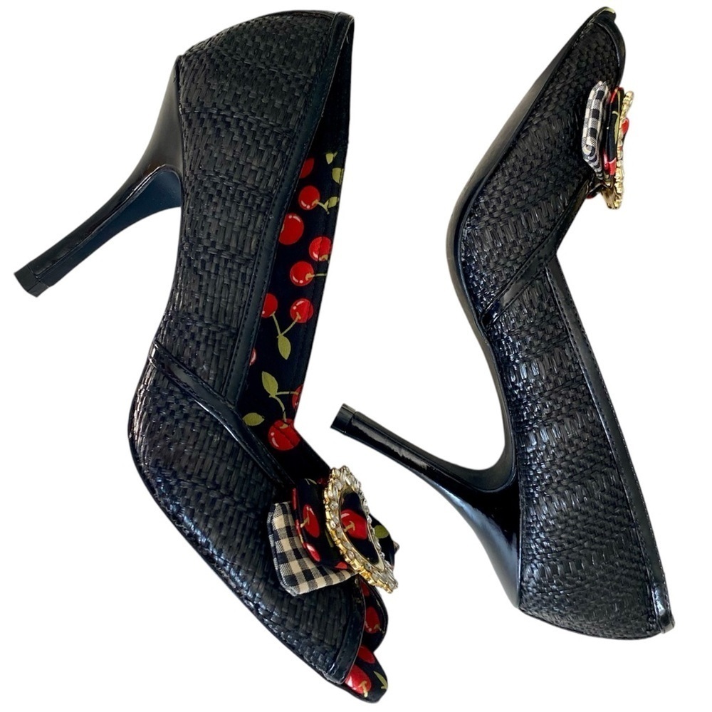 CHINESE LAUNDRY Heels Peep Toe Black Red Cherry Gold Tone & Crystals Women 9 - Picture 7 of 14